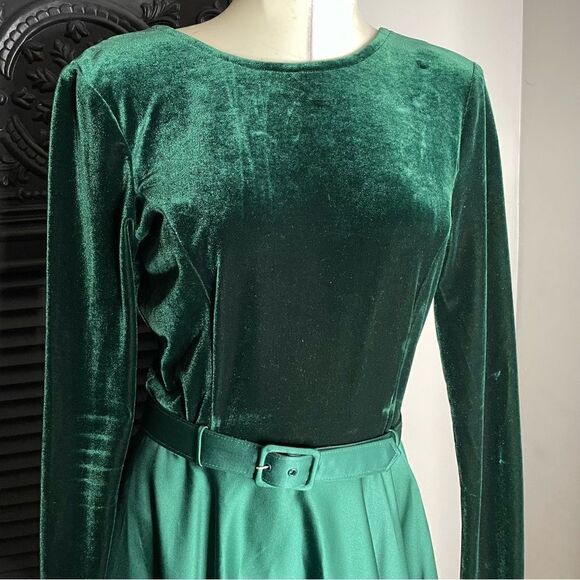 Vintage 70s Scott McClintock Velvet Belted‎ Long Sleeve Cocktail Dress Emerald 8 - Picture 5 of 10